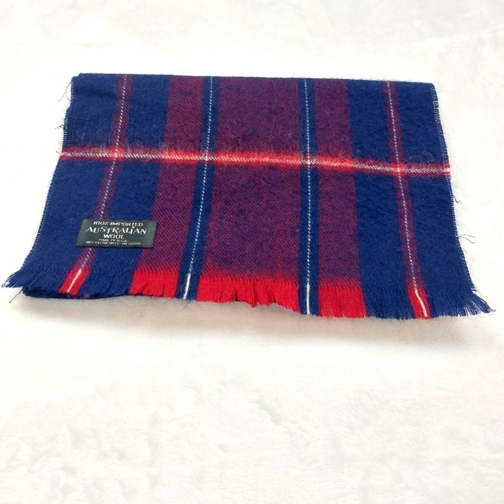 AUSTRALIAN WOOL VINTAGE NAVY BLUE AND RED 100% IMPORTED WOOL SCARF 12×50 UNISEX